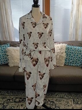 Women's 2 Pc Dog Face Print Pajama Set in White and Brown